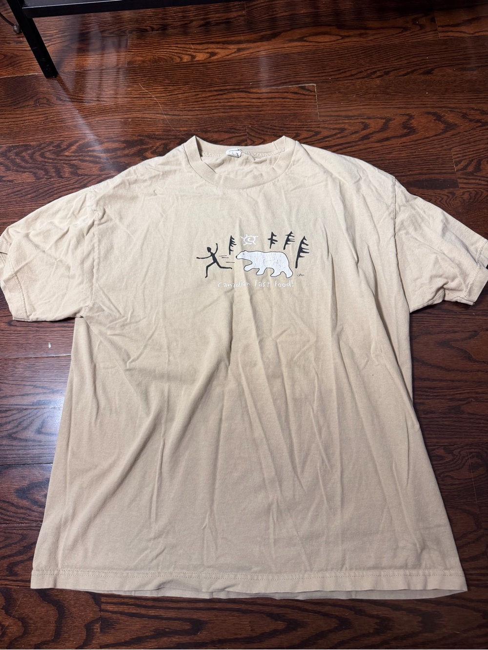 Men's Beige Graphic polar bear, with the text "Canadian fast food!" XL